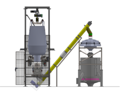 Mechanical conveying system with big bag discharger and screw feeder into deck sieve