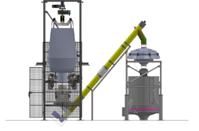 Mechanical conveying system with big bag discharger and screw feeder into deck sieve